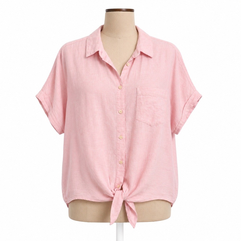 Linen Cotton Tie Front Short Sleeve Button Shirt Size S Baby Pink‎ Coastal Beach